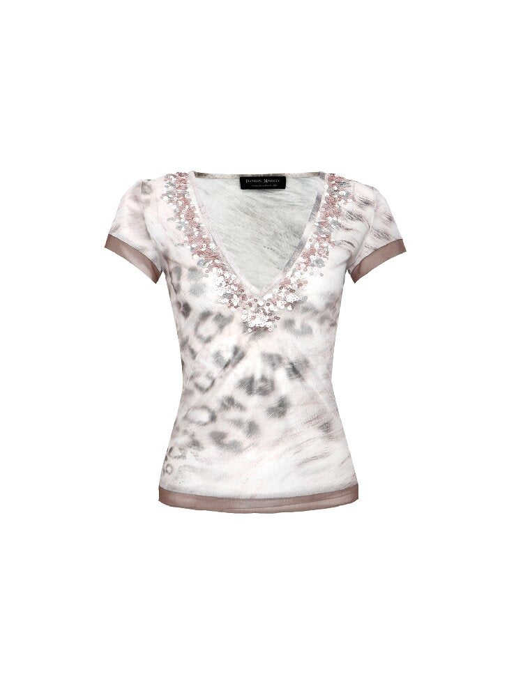 V Neck Sequin Leopard Short Sleeve【s0000017650】