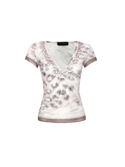 V Neck Sequin Leopard Short Sleeve【s0000017650】