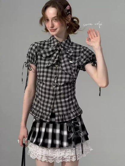 Doll Collar Bow Plaid Short Sleeve Shirt【s0000012264】