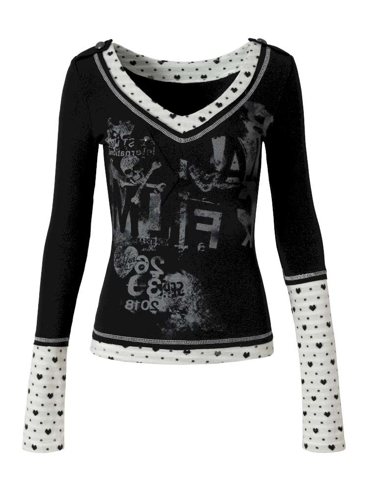 Retro Punk V-Neck Stretch T-Shirt【s0000014928】