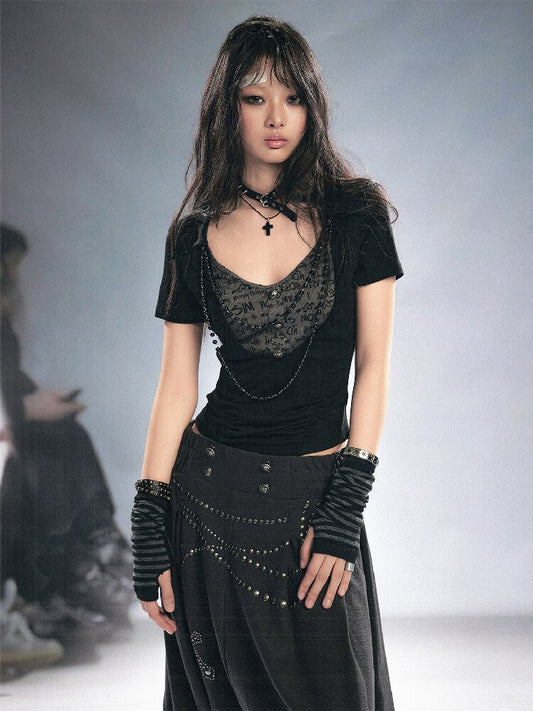 Beaded Chain Letter Print Top【s0000016213】