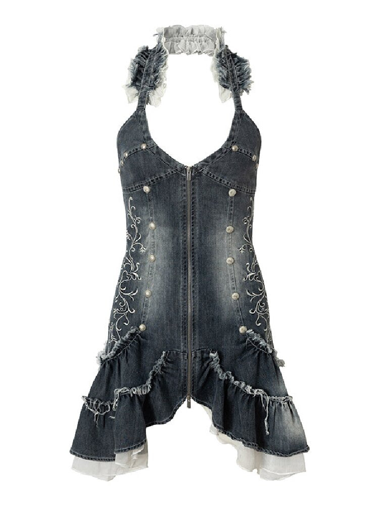 Court Embroidered Denim Mermaid Dress【s0000016983】