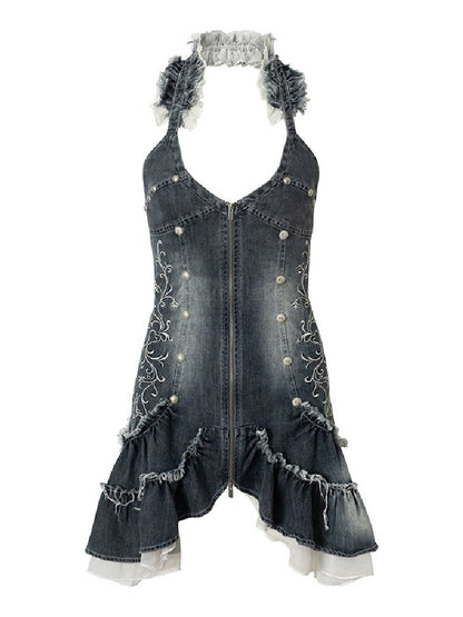 Court Embroidered Denim Mermaid Dress【s0000016983】
