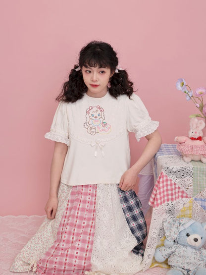 Lace Ribbon Bubble Sleeve T-Shirt【s0000012014】