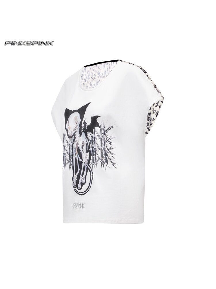 Cat Bone Print Patchwork Top【s0000017718】