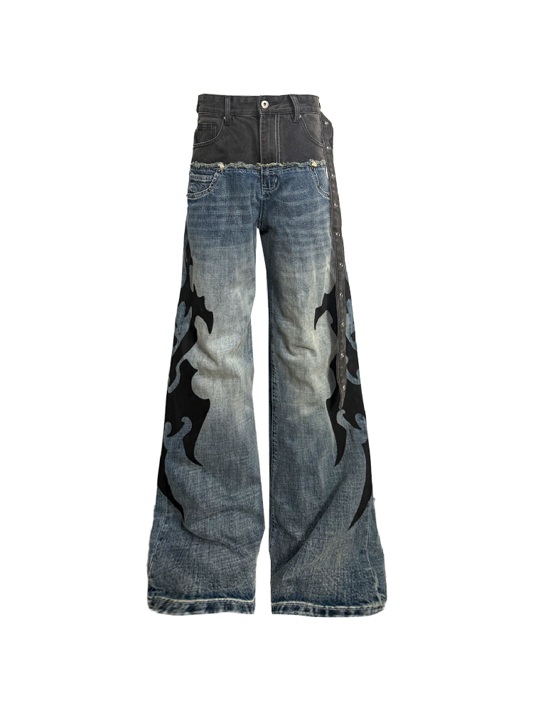 Ribbon Denim Patchwork Wide Jeans【s0000018307】
