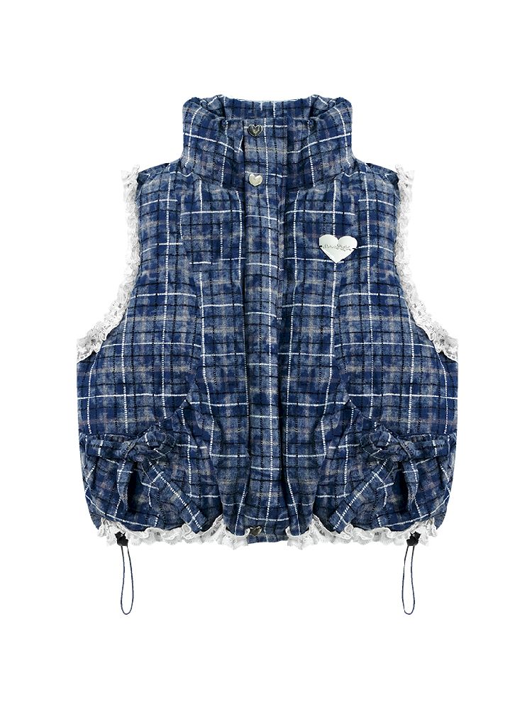 Checkered Splicing Lace Cotton Vest【s0000011504】