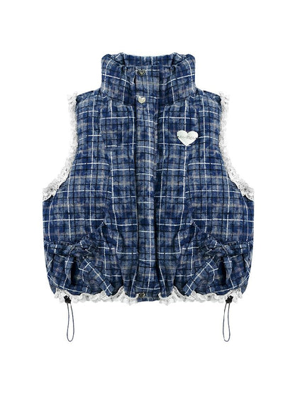 Checkered Splicing Lace Cotton Vest【s0000011504】