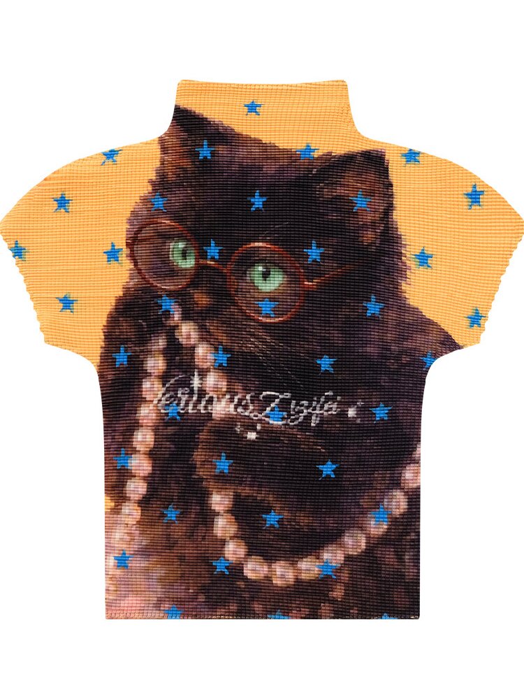 Star Cat Print Pleated T Shirt【s0000017314】