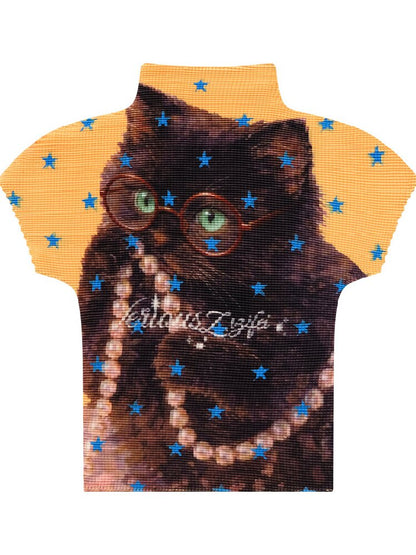 Star Cat Print Pleated T Shirt【s0000017314】