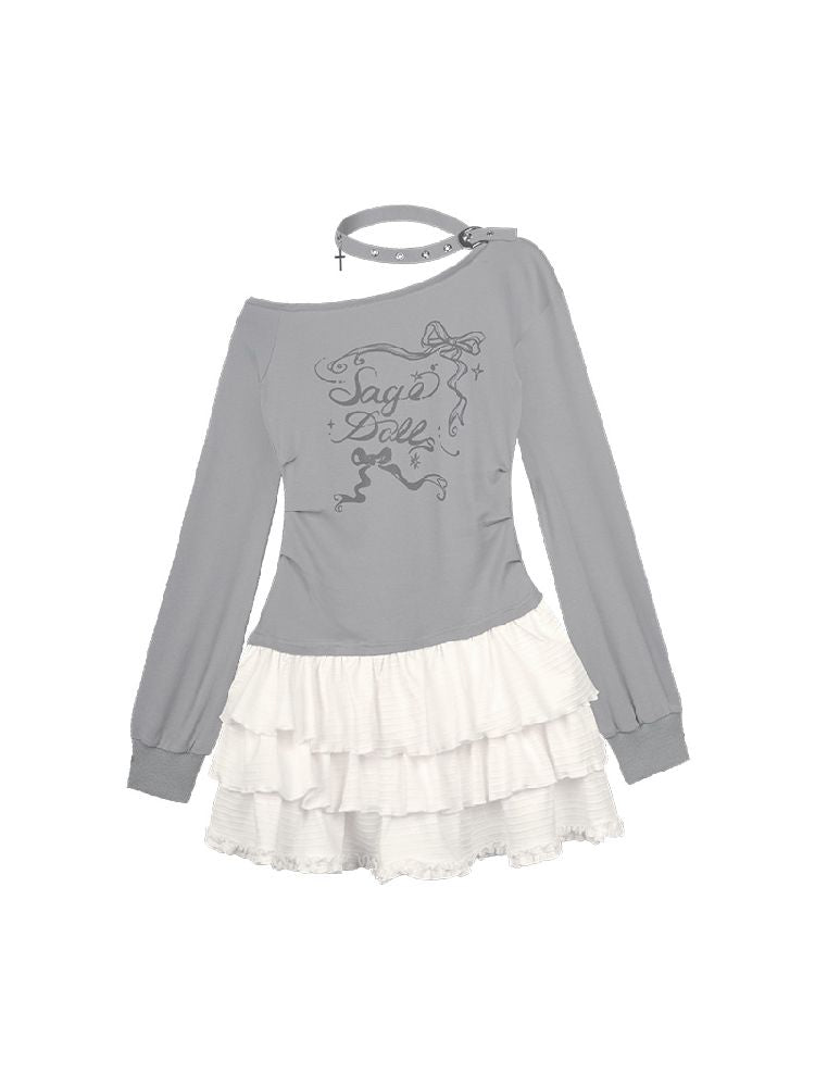 Diagonal Shoulder Printed Cake Skirt Dress【s0000011669】