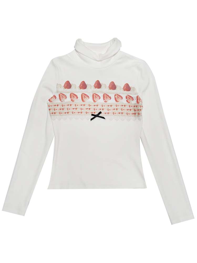 Strawberry Cake Print High-Neck T-Shirt【s0000014530】