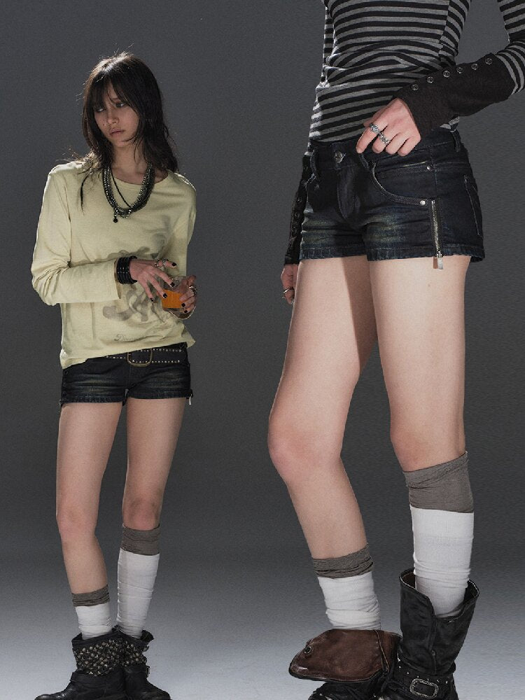 Washed Aged Slim Denim Shorts【s0000016228】