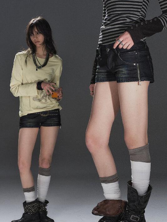 Washed Aged Slim Denim Shorts【s0000016228】