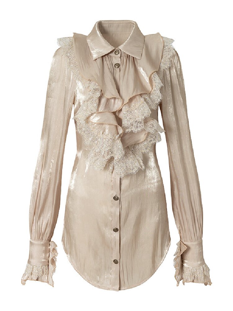 Ruffled Lace Satin Silk Shirt【s0000019157】