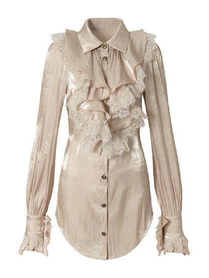 Ruffled Lace Satin Silk Shirt【s0000019157】