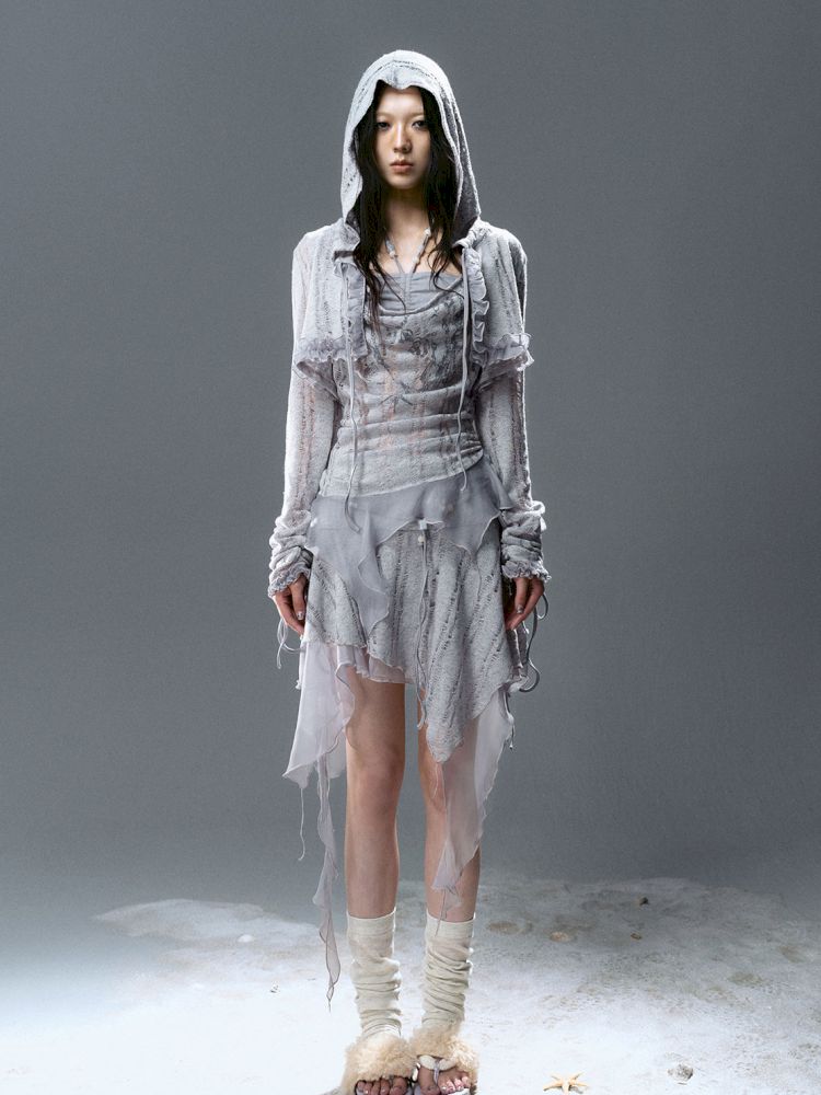 Ruffle Misty Blue Hooded Tunic【s0000012642】