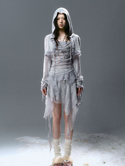 Ruffle Misty Blue Hooded Tunic【s0000012642】