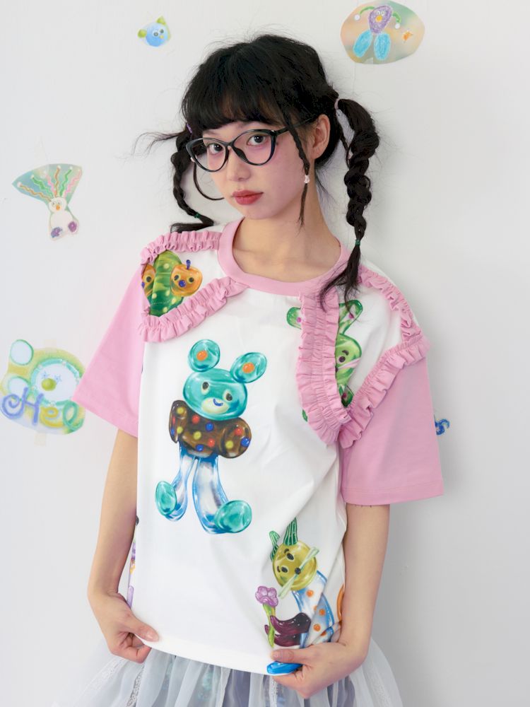 Candy print frilly lace cotton T-shirt【s0000009539】