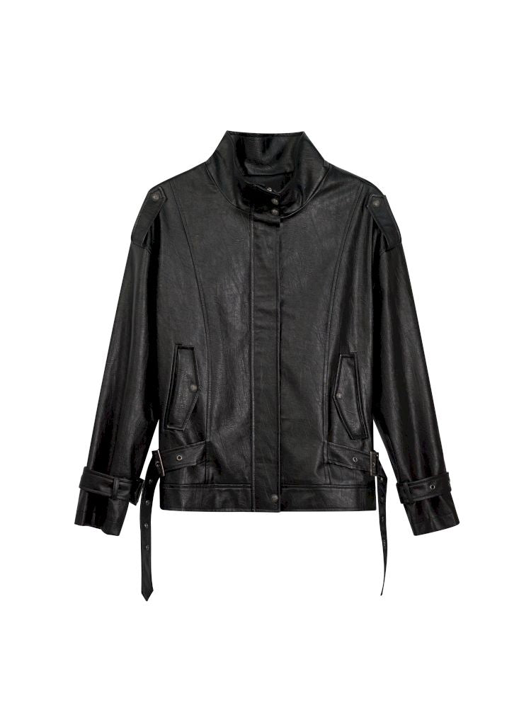 Loose black myriad leather jacket【s0000013885】