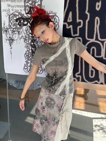 Cross Wing Print Cotton Cheongsam T-Shirt【s0000018064】