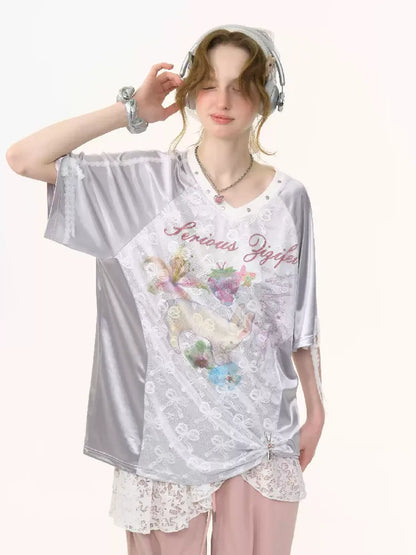 Lace Bow Gray Short Sleeve T-Shirt【s0000012245】