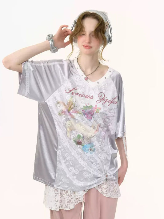 Lace Bow Gray Short Sleeve T-Shirt【s0000012245】