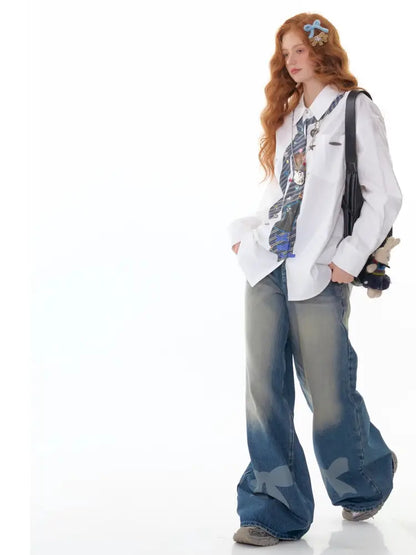 Loose tie print white long sleeve shirt【s0000014350】