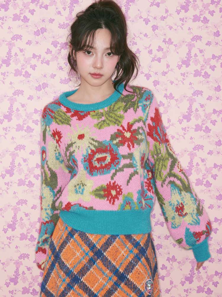 Pink Green Flower Knitted Sweater【s0000015370】