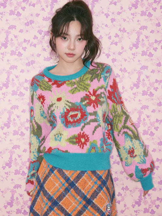 Pink Green Flower Knitted Sweater【s0000015370】