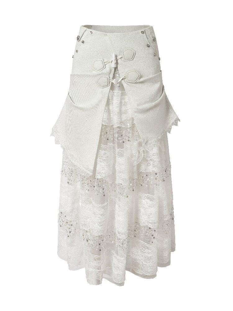 Stitched Lace Denim Maxi Skirt【s0000015940】