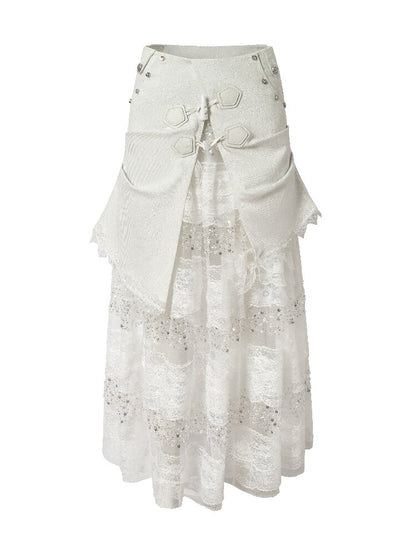 Stitched Lace Denim Maxi Skirt【s0000015940】