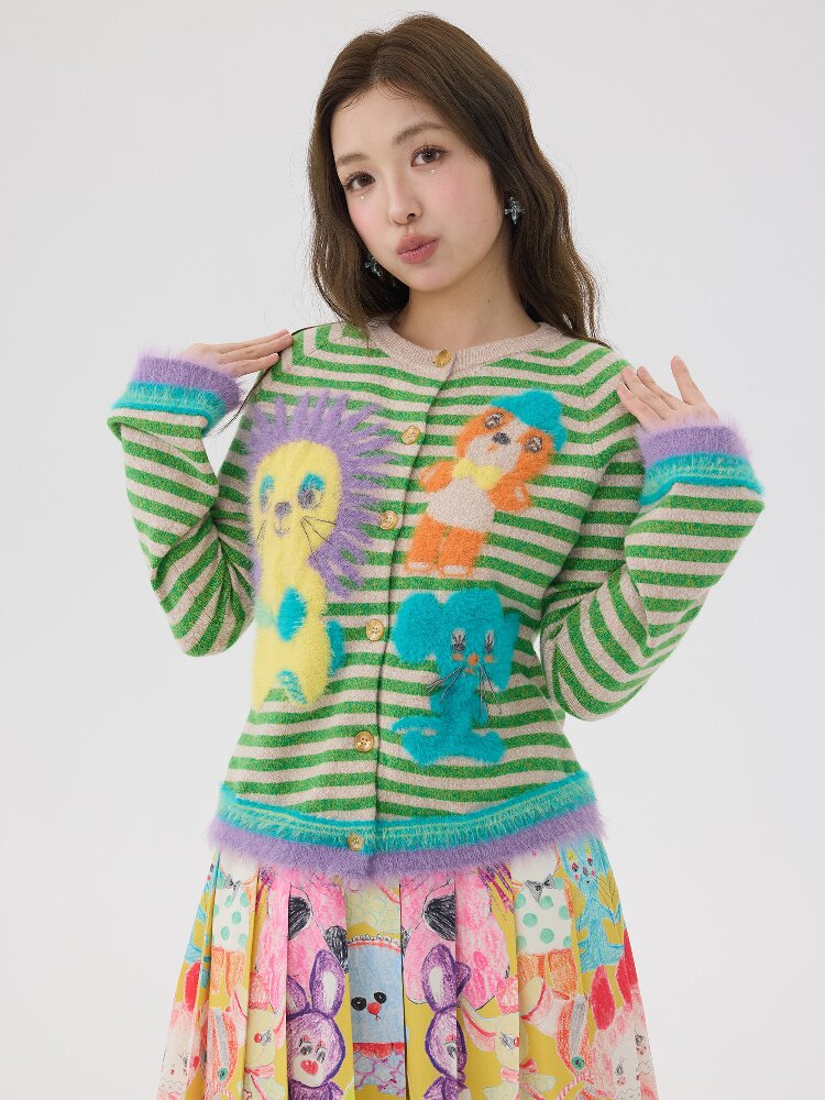 Striped Plush Cartoon Knit Cardigan【s0000016198】