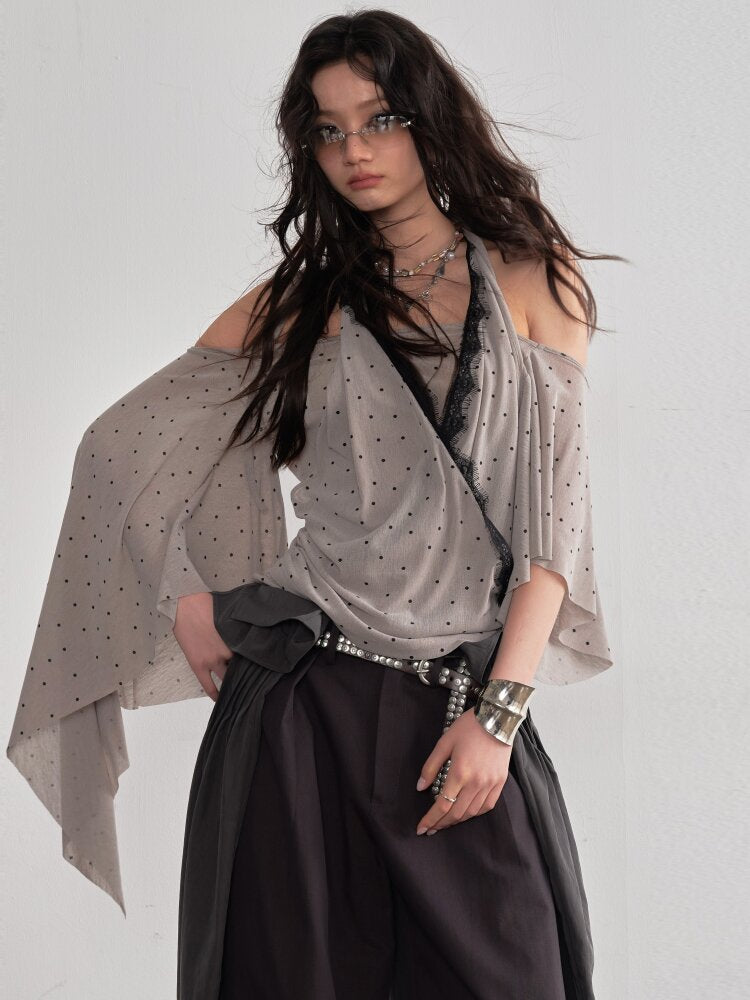 Halterneck Polka Dot Shawl Sleeve Top【s0000015694】