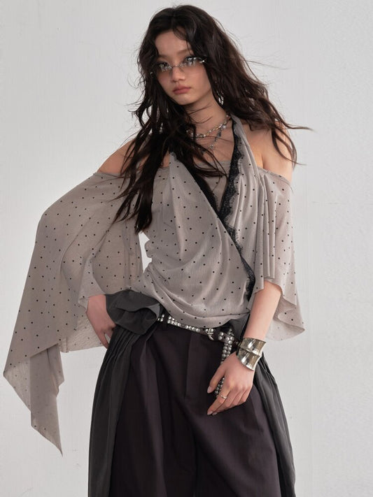 Halterneck Polka Dot Shawl Sleeve Top【s0000015694】