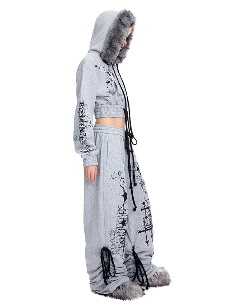 Doodle Print Puffy Drawstring Sweatpants【s0000014092】