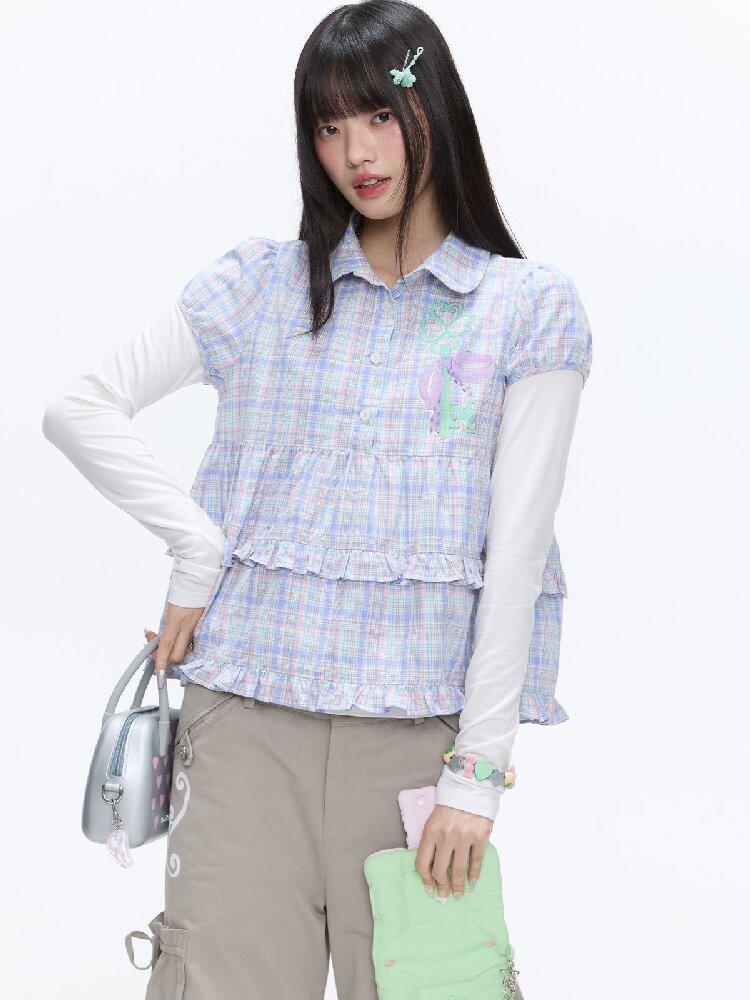 Purple Plaid Lace Short Sleeve Shirt【s0000016405】