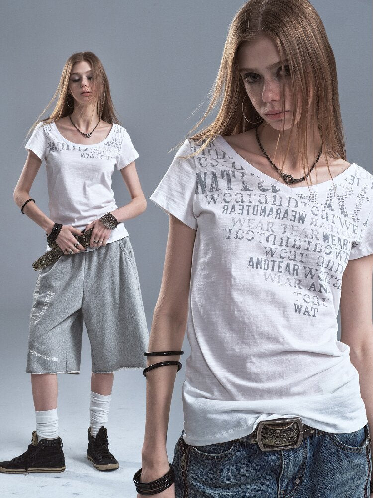 V-neck Letter Print Cotton T-shirt【s0000016638】