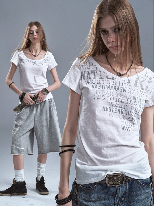 V-neck Letter Print Cotton T-shirt【s0000016638】