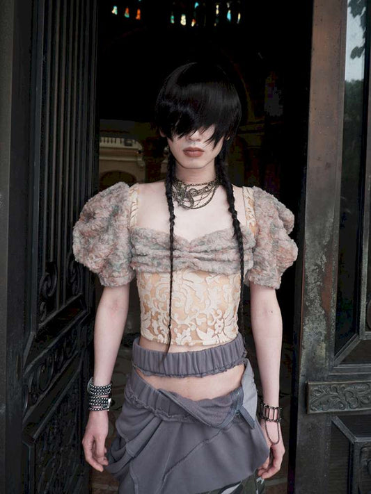 Patchwork Sheer Bud Strap Court Top【s0000015145】