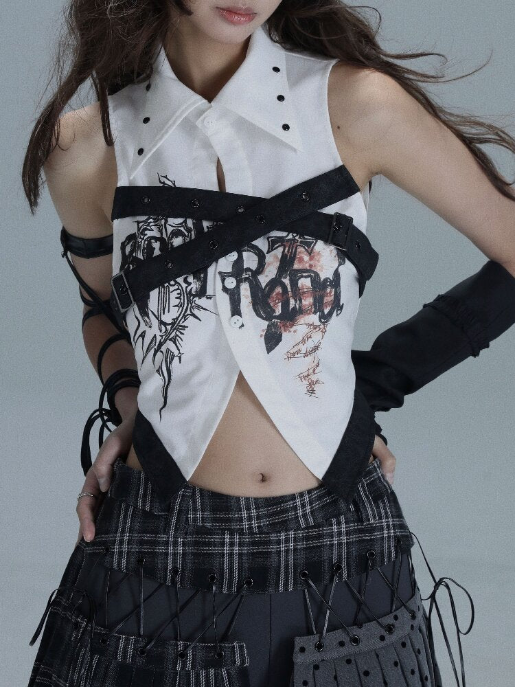 Punk Print Splicing Sleeveless【s0000016719】