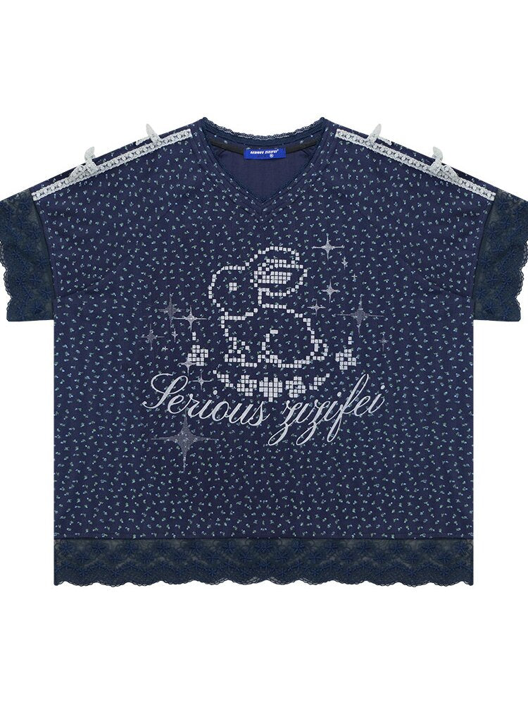 Dark Blue Rabbit Floral Lace T-Shirt【s0000016602】