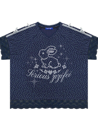 Dark Blue Rabbit Floral Lace T-Shirt【s0000016602】