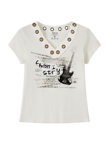 V-Neck Guitar Print Short Sleeve T-Shirt【s0000012424】