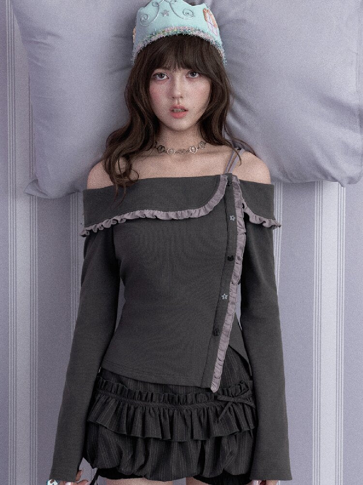 Gray-Purple Off-Shoulder Top【s0000017870】