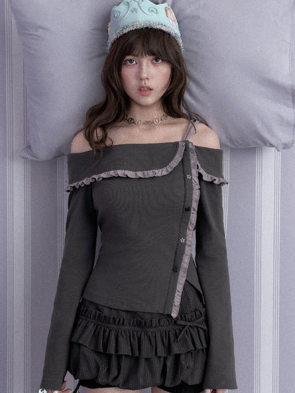 Gray-Purple Off-Shoulder Top【s0000017870】