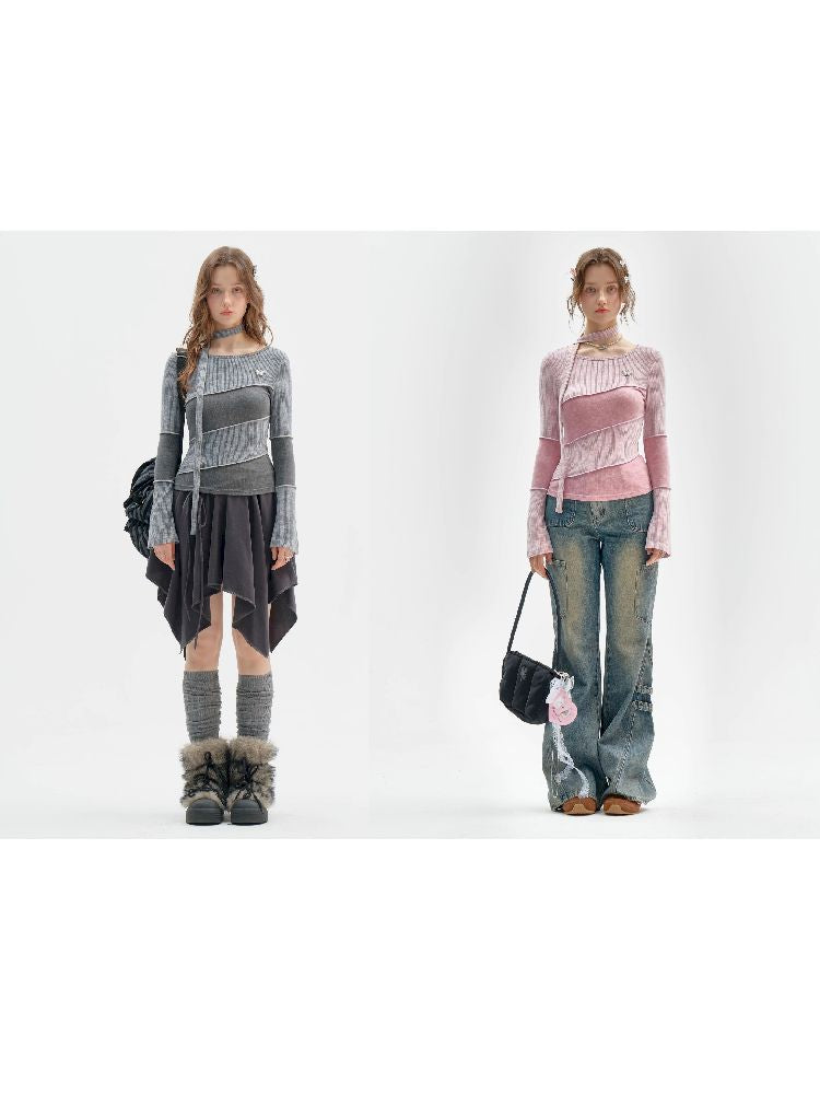 Splicing Collar Long Sleeve T-Shirt【s0000011518】