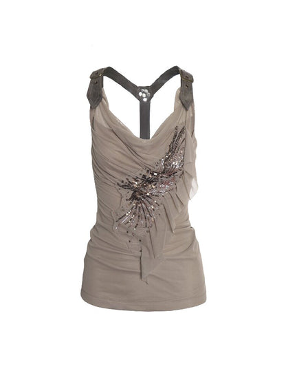 Pleated Embroidered Mesh Camisole Top【s0000018488】
