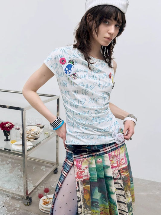 Letter Printed Pleated T-Shirt【s0000012415】