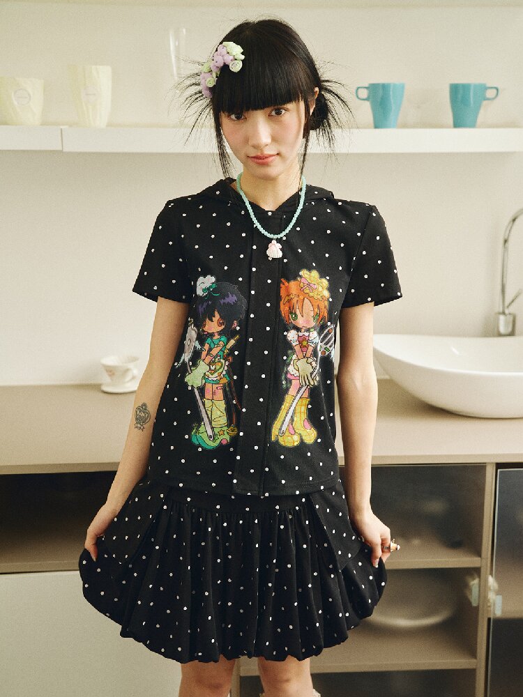 Polka Dot Hooded Short Sleeve Zip T-Shirt【s0000018695】
